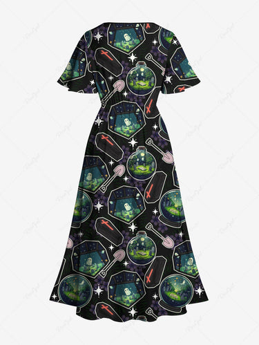 Gothic Plus Size Ghost Magic Potion Bottle Cross Coffin Print Split Pocket A Line Midi Dress