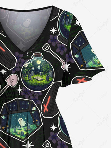 Gothic Plus Size Ghost Magic Potion Bottle Cross Coffin Print Split Pocket A Line Midi Dress
