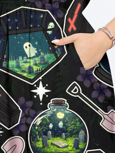 Gothic Plus Size Ghost Magic Potion Bottle Cross Coffin Print Split Pocket A Line Midi Dress