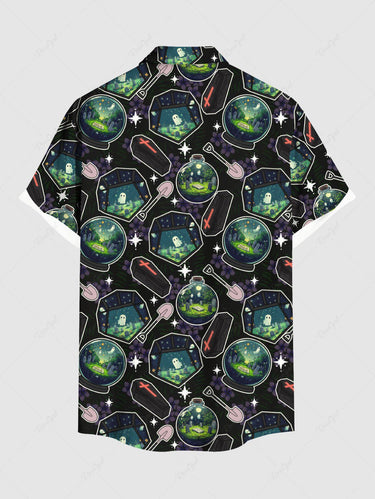 Gothic Plus Size Ghost Magic Potion Bottle Cross Coffin Print Button Pocket Shirt For Men