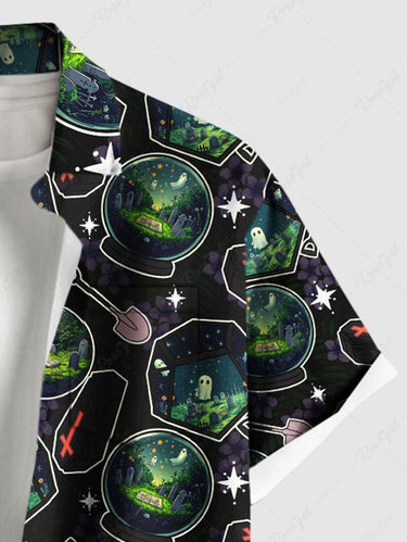 Gothic Plus Size Ghost Magic Potion Bottle Cross Coffin Print Button Pocket Shirt For Men