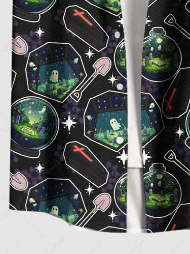 Gothic Plus Size Ghost Magic Potion Bottle Cross Coffin Print Button Pocket Shirt For Men