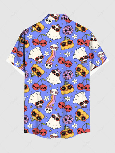Gothic Plus Size Cute Skull Cherry Ghost Rainbow Pineapple Floral Print Hawaii Button Pocket Shirt For Men