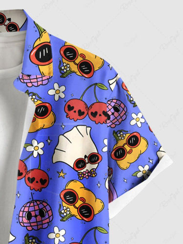 Gothic Plus Size Cute Skull Cherry Ghost Rainbow Pineapple Floral Print Hawaii Button Pocket Shirt For Men