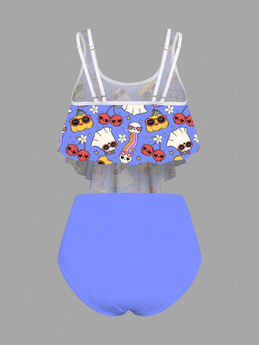 Gothic Cute Skull Cherry Ghost Rainbow Pineapple Floral Print Hawaii Peplum Hem Tankini Swimsuit (Adjustable Shoulder Strap)