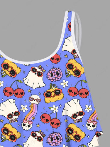 Gothic Cute Skull Cherry Ghost Rainbow Pineapple Floral Print Hawaii Peplum Hem Tankini Swimsuit (Adjustable Shoulder Strap)