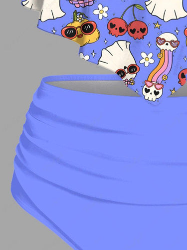 Gothic Cute Skull Cherry Ghost Rainbow Pineapple Floral Print Hawaii Peplum Hem Tankini Swimsuit (Adjustable Shoulder Strap)