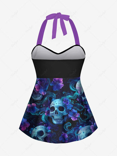 Gothic Ombre Skull Floral Print Hawaii Twist Halter Backless Tankini Top