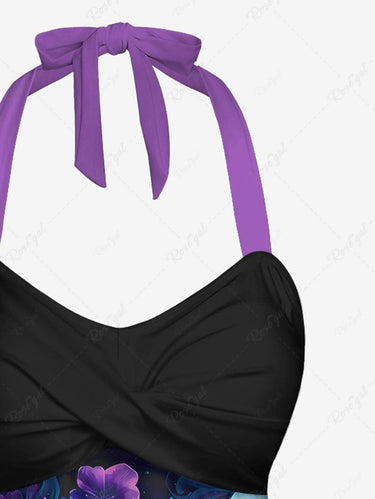 Gothic Ombre Skull Floral Print Hawaii Twist Halter Backless Tankini Top