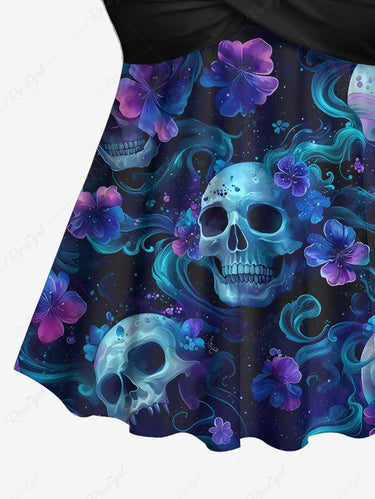 Gothic Ombre Skull Floral Print Hawaii Twist Halter Backless Tankini Top