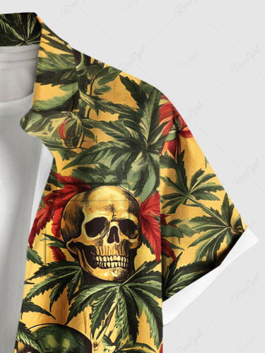 Gothic Plus Size Coconut Tree Skull Print Hawaii Buttons Pocket Shirt For Men