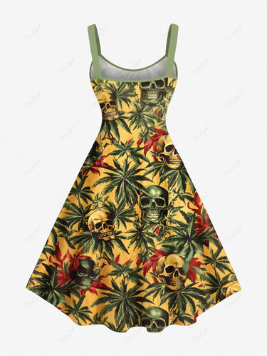Gothic Plus Size Coconut Tree Skull Print Hawaii A Line Tank Dress