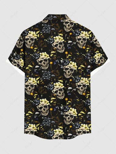 Gothic Plus Size Skull Floral Print Button Pocket Shirt For Men