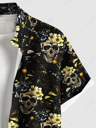 Gothic Plus Size Skull Floral Print Button Pocket Shirt For Men