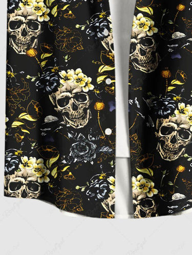 Gothic Plus Size Skull Floral Print Button Pocket Shirt For Men