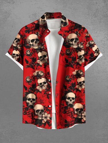 Gothic Plus Size Skull Floral Print Button Pocket Shirt For Men