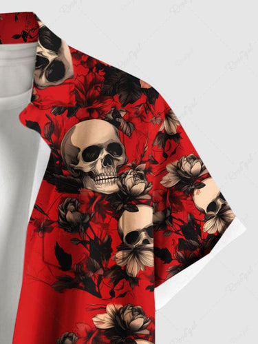 Gothic Plus Size Skull Floral Print Button Pocket Shirt For Men