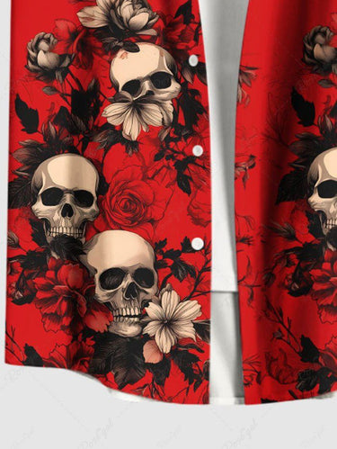 Gothic Plus Size Skull Floral Print Button Pocket Shirt For Men