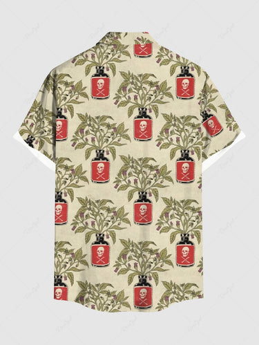Gothic Plus Size Skull Bottle Leaves Branch Print Button Pocket Shirt For Men