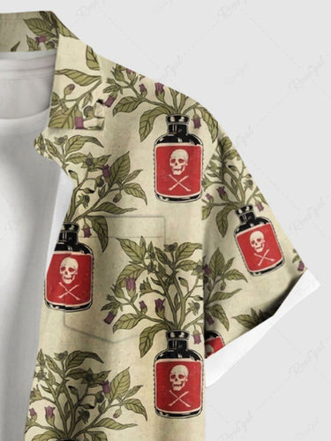 Gothic Plus Size Skull Bottle Leaves Branch Print Button Pocket Shirt For Men