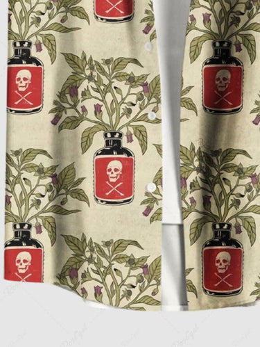 Gothic Plus Size Skull Bottle Leaves Branch Print Button Pocket Shirt For Men
