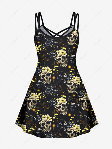 Gothic Plus Size Skull Floral Print Crisscross A Line Cami Dress