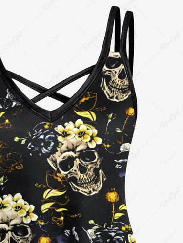 Gothic Plus Size Skull Floral Print Crisscross A Line Cami Dress