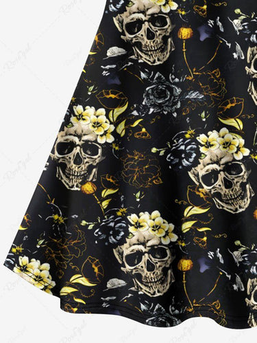 Gothic Plus Size Skull Floral Print Crisscross A Line Cami Dress