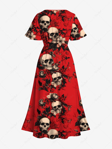 Gothic Plus Size Skull Floral Print Split Pocket A Line Midi Dress