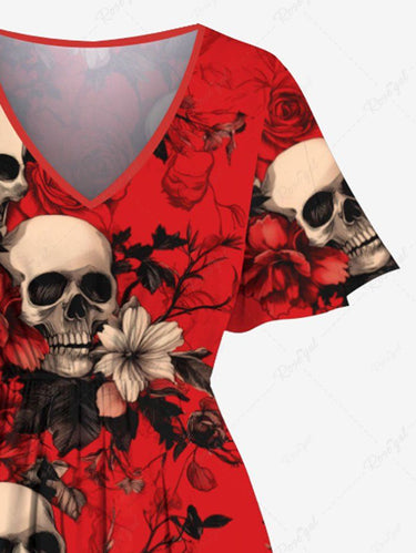 Gothic Plus Size Skull Floral Print Split Pocket A Line Midi Dress