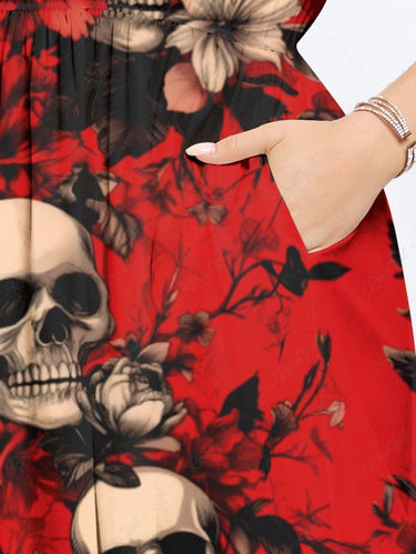 Gothic Plus Size Skull Floral Print Split Pocket A Line Midi Dress