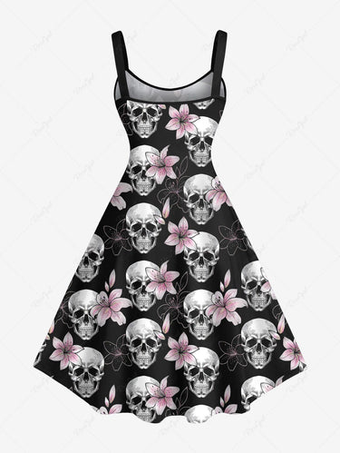 Gothic Plus Size Skull Floral Print A Line Tank Dress