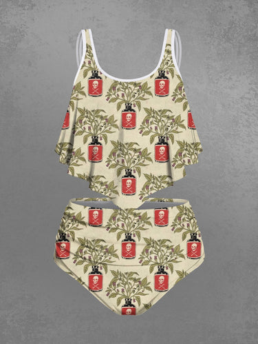 Gothic Skull Bottle Leaves Branch Print Peplum Hem Tankini Swimsuit (Adjustable Shoulder Strap)