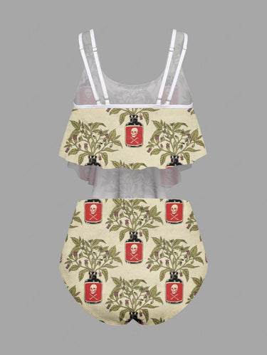 Gothic Skull Bottle Leaves Branch Print Peplum Hem Tankini Swimsuit (Adjustable Shoulder Strap)