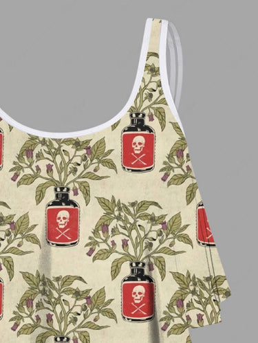 Gothic Skull Bottle Leaves Branch Print Peplum Hem Tankini Swimsuit (Adjustable Shoulder Strap)
