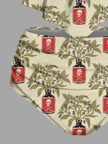 Gothic Skull Bottle Leaves Branch Print Peplum Hem Tankini Swimsuit (Adjustable Shoulder Strap)