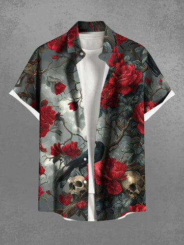 Gothic Plus Size Tree Branch Floral Skull Ombre Sky Crow Print Button Pocket Shirt For Men