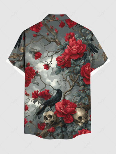 Gothic Plus Size Tree Branch Floral Skull Ombre Sky Crow Print Button Pocket Shirt For Men