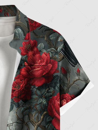 Gothic Plus Size Tree Branch Floral Skull Ombre Sky Crow Print Button Pocket Shirt For Men
