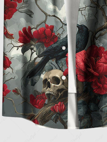 Gothic Plus Size Tree Branch Floral Skull Ombre Sky Crow Print Button Pocket Shirt For Men