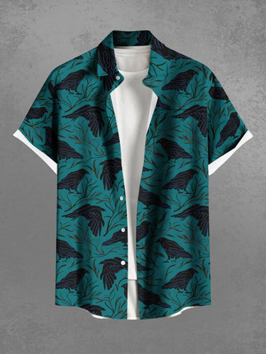 Gothic Plus Size Crow Leaves Branch Print Button Pocket Shirt For Men