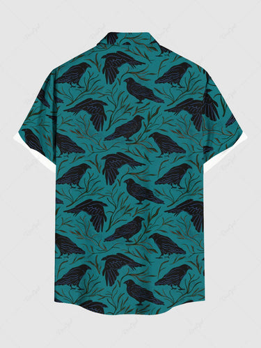 Gothic Plus Size Crow Leaves Branch Print Button Pocket Shirt For Men