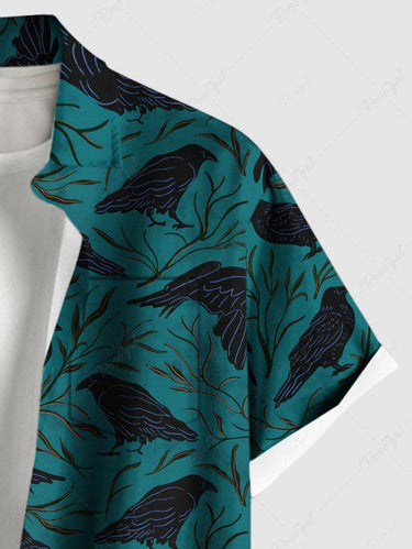 Gothic Plus Size Crow Leaves Branch Print Button Pocket Shirt For Men