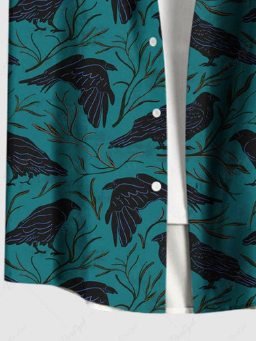 Gothic Plus Size Crow Leaves Branch Print Button Pocket Shirt For Men