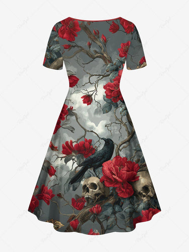Gothic Plus Size Tree Branch Floral Skull Ombre Sky Crow Print Cinched A Line Dress