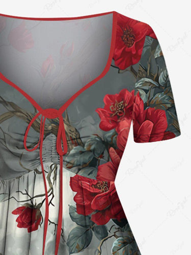 Gothic Plus Size Tree Branch Floral Skull Ombre Sky Crow Print Cinched A Line Dress