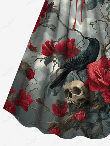 Gothic Plus Size Tree Branch Floral Skull Ombre Sky Crow Print Cinched A Line Dress