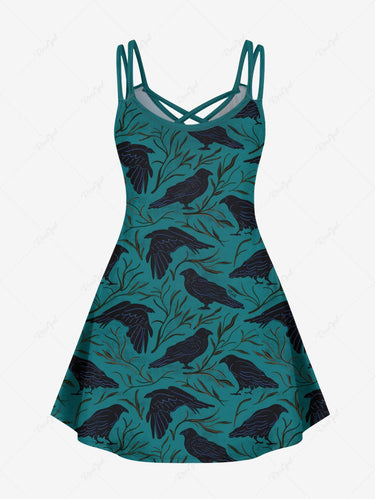 Gothic Plus Size Crow Leaves Branch Print Crisscross Strappy A Line Cami Dress