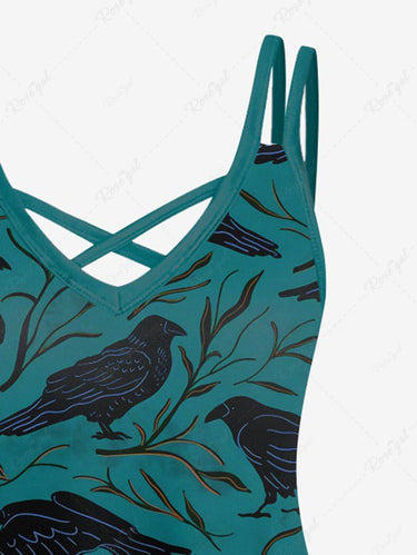 Gothic Plus Size Crow Leaves Branch Print Crisscross Strappy A Line Cami Dress