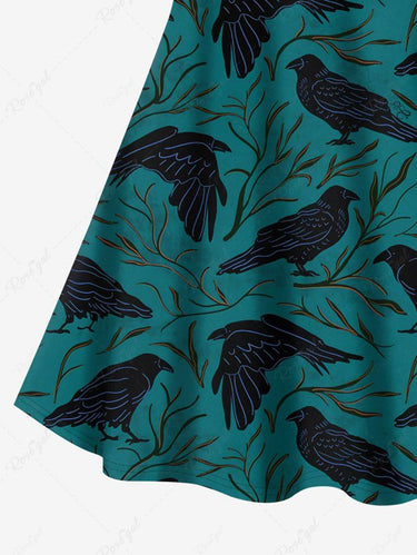 Gothic Plus Size Crow Leaves Branch Print Crisscross Strappy A Line Cami Dress